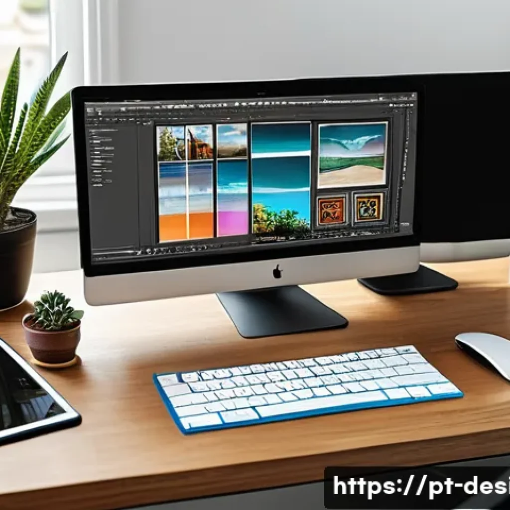 편집 디자인 실무 - A modern graphic designer’s workspace featuring a sleek desk with dual monitors displaying Adobe Pho...