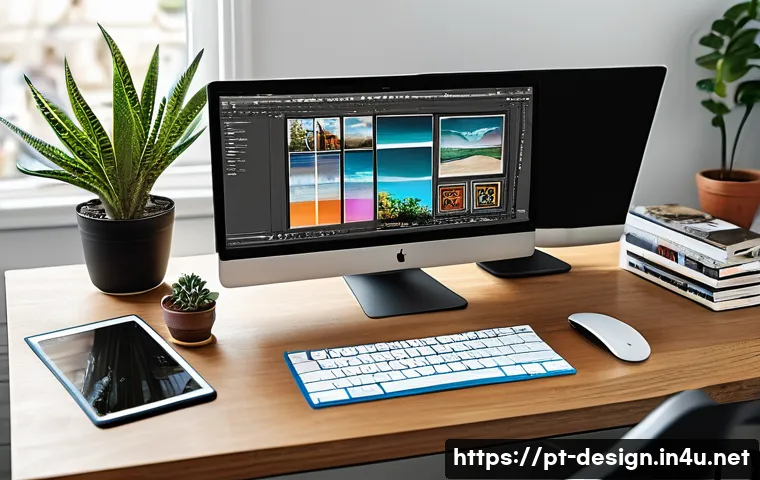 편집 디자인 실무 - A modern graphic designer&rsquo;s workspace featuring a sleek desk with dual monitors displaying Adobe Pho...