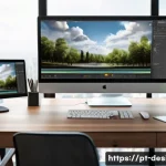 Home 17 포토샵 합성 기술 - A detailed digital artwork of a professional Photoshop workspace showing multiple transparent layers...