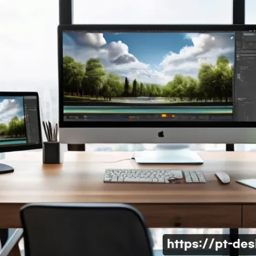 Home 29 포토샵 합성 기술 - A detailed digital artwork of a professional Photoshop workspace showing multiple transparent layers...